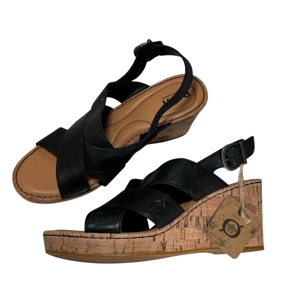 BORN Sami Cork Wedge Heel Sandals Size 10 Black Leather NEW